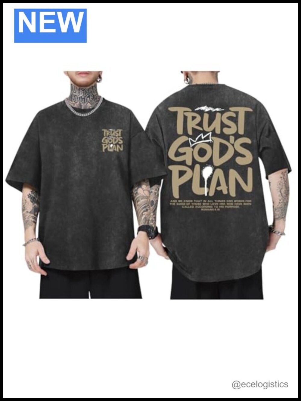 Faith-Based Oversized Acid Wash Tee with Bible Verse Graphic
